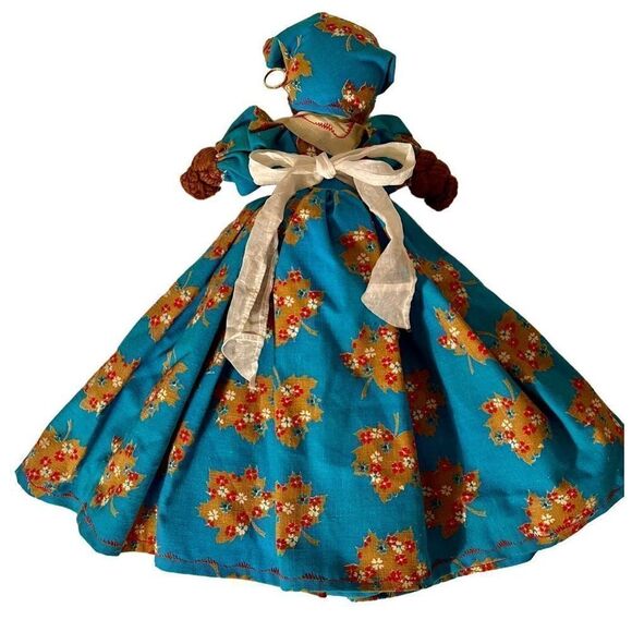 Vintage Hand Made Primitive Doll, Afro-Carribean Apron & Bandana W Gold Earrings - Picture 6 of 11